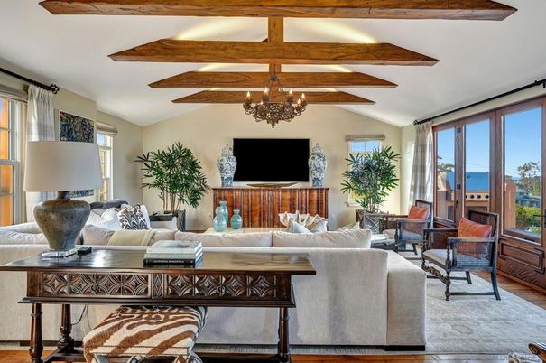 Chandelier, Interior, Living room, Water, Wooden Beams, Wood Texture Flooring