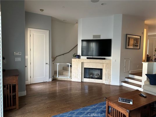 Fireplace, Interior, Living room, Recessed Lighting, Wood Texture Flooring