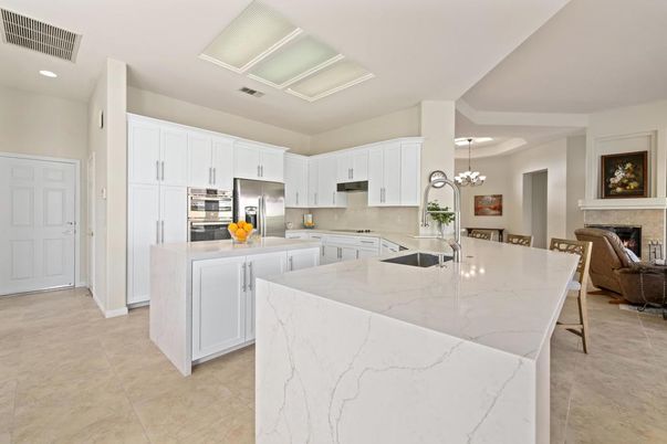 Dining room, Fireplace, Interior, Kitchen, Pendant Lights, Recessed Lighting, Stainless Steel Appliances