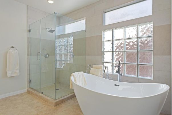 Bathroom, Free Standing Baths, Glass Shower, Interior, Recessed Lighting