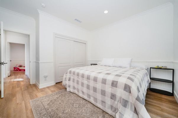 Bedroom, Interior, Recessed Lighting, Wood Texture Flooring
