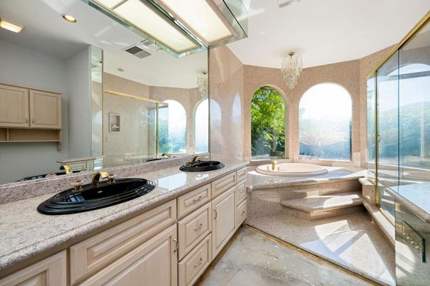 Bathroom, Chandelier, Dual Sink Vanities, Glass Shower, Interior, Recessed Lighting