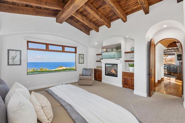 Bedroom, Fireplace, Interior, Recessed Lighting, Water, Wooden Beams, Wooden Ceilings, Wood Texture Flooring