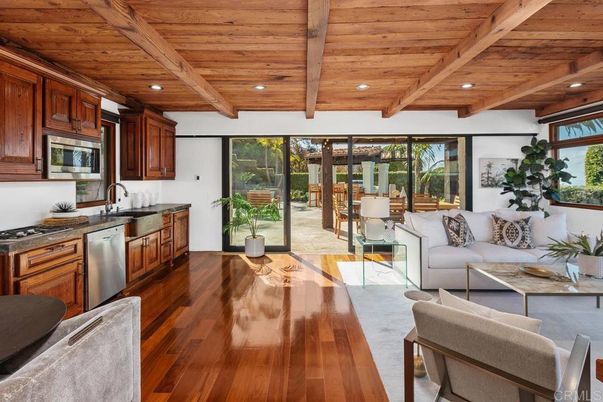 Dining room, Interior, Kitchen, Living room, Recessed Lighting, Stainless Steel Appliances, Wooden Beams, Wooden Ceilings, Wood Texture Flooring