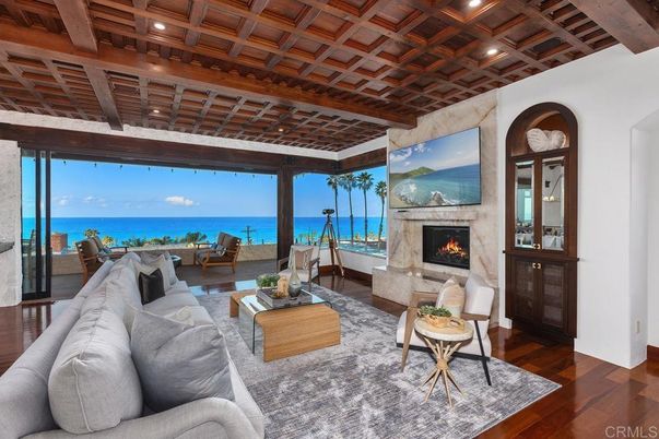 Fireplace, Interior, Living room, Recessed Lighting, Water, Wooden Beams, Wood Texture Flooring