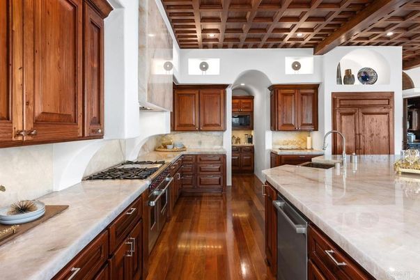 Interior, Kitchen, Recessed Lighting, Stainless Steel Appliances, Wooden Beams, Wooden Ceilings, Wood Texture Flooring