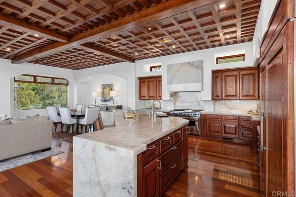 Dining room, Interior, Kitchen, Living room, Recessed Lighting, Stainless Steel Appliances, Wooden Beams, Wooden Ceilings, Wood Texture Flooring