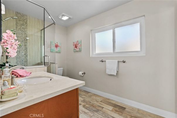 Bathroom, Glass Shower, Interior, Recessed Lighting, Wood Texture Flooring