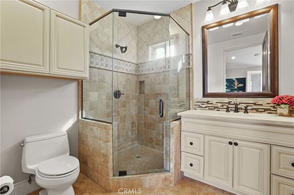 Bathroom, Glass Shower, Interior, Recessed Lighting, Stone Walls