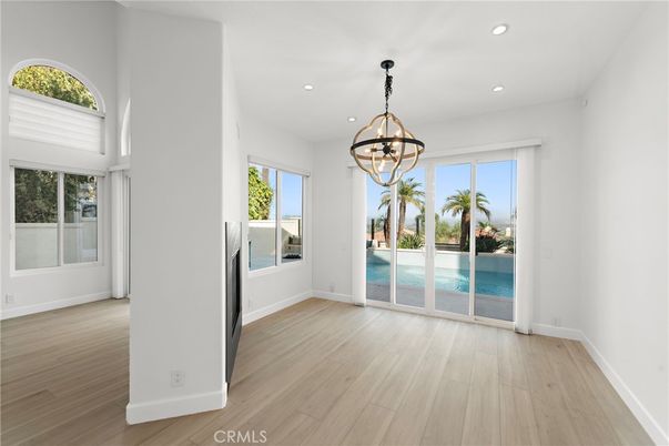 Chandelier, Empty room, Interior, Recessed Lighting, Wood Texture Flooring