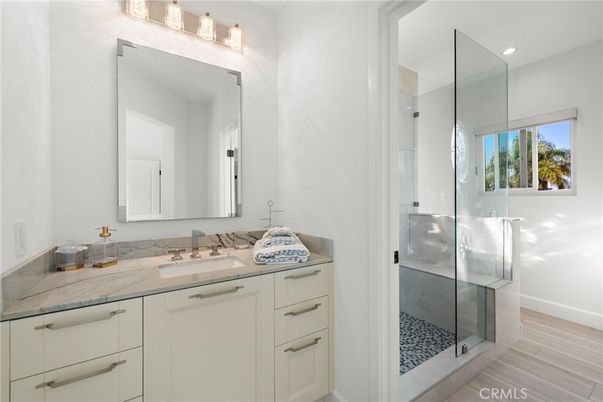 Bathroom, Glass Shower, Interior, Recessed Lighting, Wood Texture Flooring