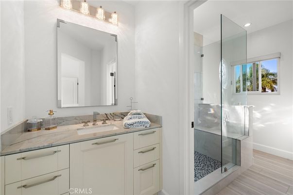 Bathroom, Glass Shower, Interior, Recessed Lighting, Wood Texture Flooring