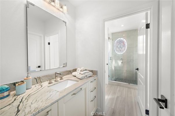 Bathroom, Glass Shower, Interior, Recessed Lighting, Wood Texture Flooring