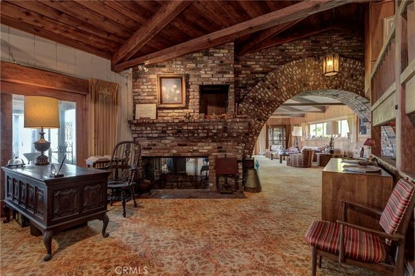Fireplace, Home Office, Interior, Pendant Lights, Stone Walls, Wooden Beams, Wooden Ceilings