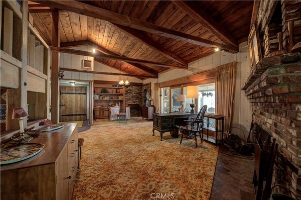 Chandelier, Fireplace, Home Office, Interior, Stone Walls, Wooden Beams, Wooden Ceilings