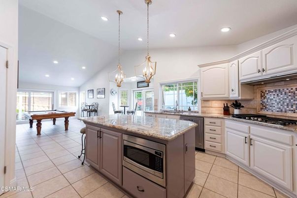 Billiard Table, Chandelier, Game Room, Interior, Kitchen, Pendant Lights, Recessed Lighting, Stainless Steel Appliances