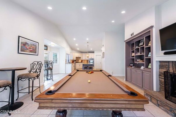 Billiard Table, Fireplace, Game Room, Interior, Kitchen, Pendant Lights, Recessed Lighting