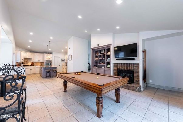 Billiard Table, Fireplace, Game Room, Interior, Kitchen, Pendant Lights, Recessed Lighting