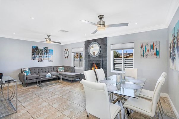 Dining room, Fireplace, Interior, Living room, Recessed Lighting, Stone Walls