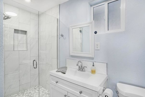 Bathroom, Glass Shower, Interior, Marble Walls, Recessed Lighting