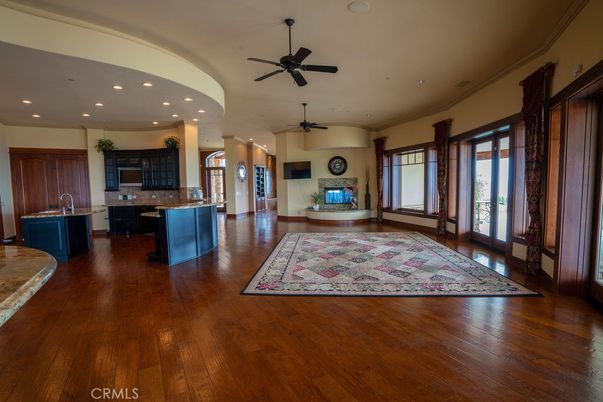 Fireplace, Interior, Kitchen, Recessed Lighting, Wood Texture Flooring