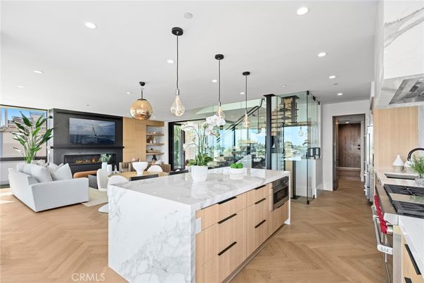 Dining room, Fireplace, Interior, Kitchen, Living room, Pendant Lights, Recessed Lighting, Wood Texture Flooring
