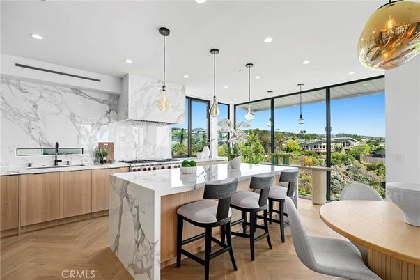 Interior, Kitchen, Marble Walls, Pendant Lights, Recessed Lighting, Wood Texture Flooring