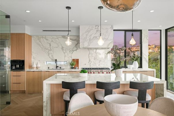 Interior, Kitchen, Marble Walls, Pendant Lights, Recessed Lighting, Wood Texture Flooring