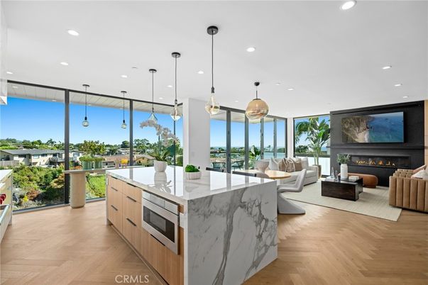 Fireplace, Interior, Kitchen, Living room, Pendant Lights, Recessed Lighting, Wood Texture Flooring