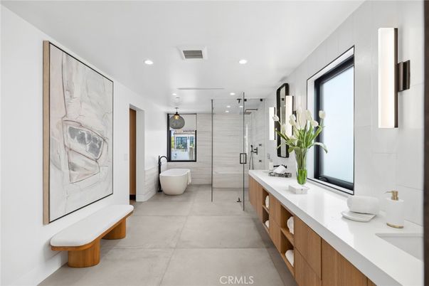 Bathroom, Dual Sink Vanities, Free Standing Baths, Glass Shower, Interior, Marble Walls, Recessed Lighting