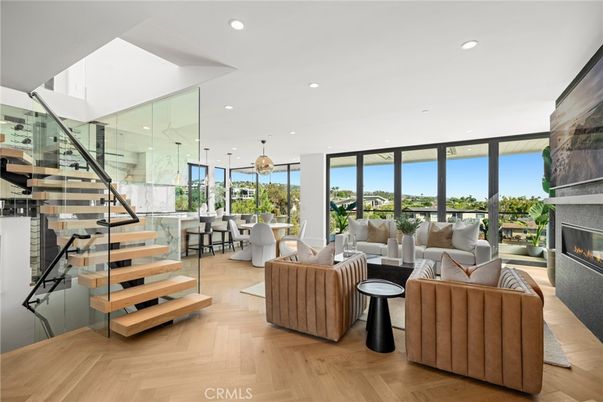 Dining room, Fireplace, Interior, Living room, Pendant Lights, Recessed Lighting, Wood Texture Flooring