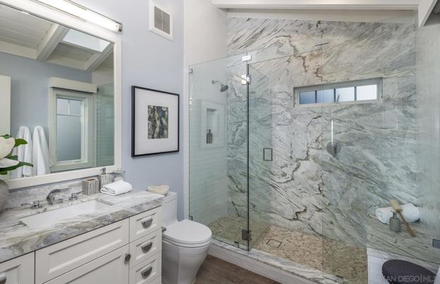 Bathroom, Glass Shower, Interior, Marble Walls, Wood Texture Flooring