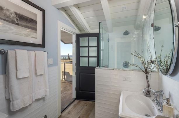 Bathroom, Glass Shower, Interior, Wood Texture Flooring