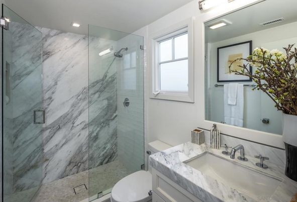 Bathroom, Glass Shower, Interior, Marble Walls, Recessed Lighting
