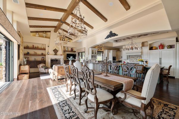 Chandelier, Dining room, Fireplace, Interior, Living room, Wooden Beams, Wood Texture Flooring