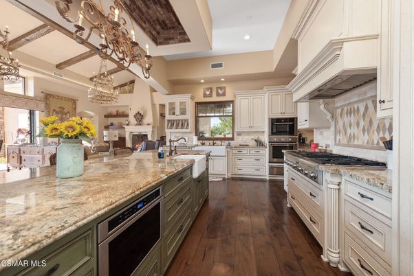 Chandelier, Interior, Kitchen, Recessed Lighting, Stainless Steel Appliances, Wooden Beams, Wood Texture Flooring