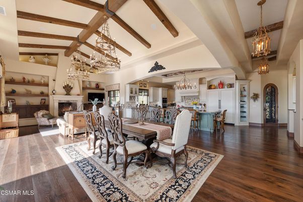 Chandelier, Dining room, Fireplace, Interior, Kitchen, Living room, Pendant Lights, Wooden Beams, Wood Texture Flooring