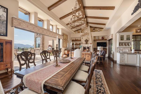 Chandelier, Dining room, Interior, Wooden Beams, Wood Texture Flooring