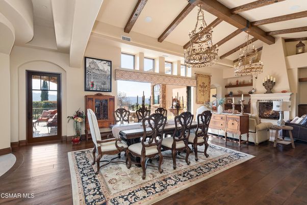 Chandelier, Dining room, Fireplace, Interior, Living room, Wooden Beams, Wood Texture Flooring