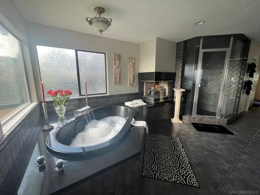 Bathroom, Fireplace, Glass Shower, Interior, Recessed Lighting