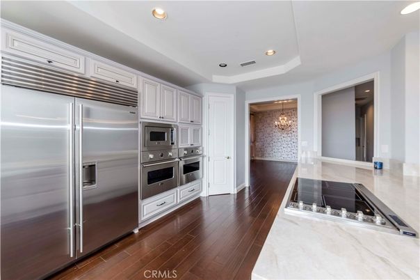 Chandelier, Interior, Kitchen, Recessed Lighting, Stainless Steel Appliances, Wood Texture Flooring
