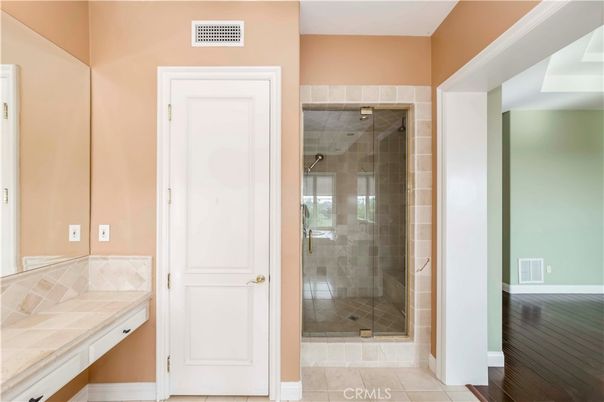 Bathroom, Glass Shower, Interior, Tile Countertops, Wood Texture Flooring