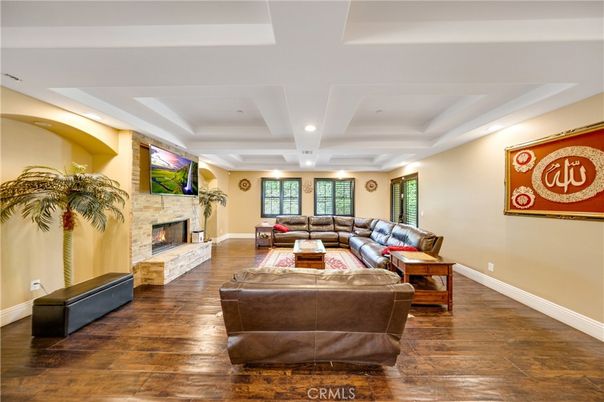 Fireplace, Interior, Living room, Recessed Lighting, Wood Texture Flooring