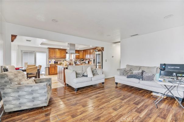 Dining room, Interior, Kitchen, Living room, Recessed Lighting, Stainless Steel Appliances, Wood Texture Flooring
