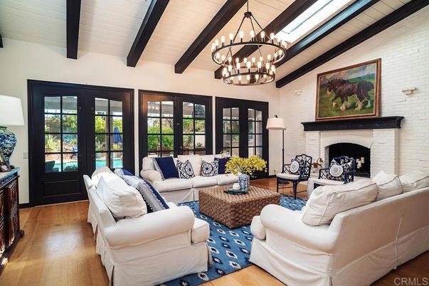 Chandelier, Fireplace, Interior, Living room, Stone Walls, Wooden Beams, Wood Texture Flooring