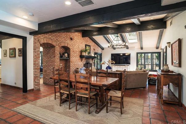 Dining room, Fireplace, Interior, Living room, Pendant Lights, Recessed Lighting, Stone Walls, Wooden Beams