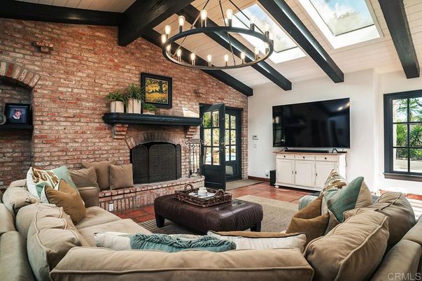Fireplace, Interior, Living room, Pendant Lights, Stone Walls, Wooden Beams