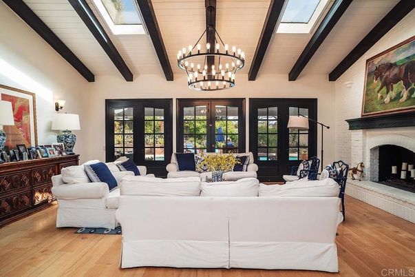 Chandelier, Dining room, Fireplace, Interior, Living room, Wooden Beams, Wood Texture Flooring