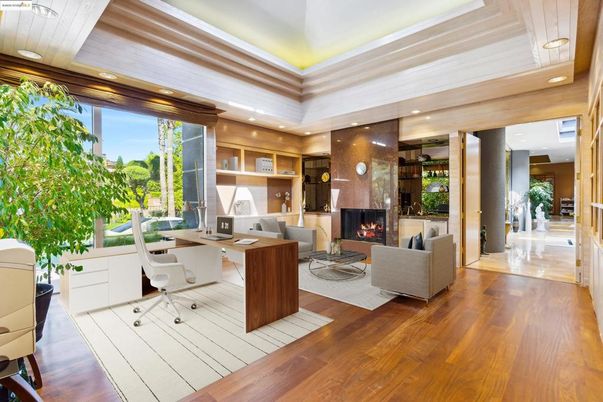 Fireplace, Home Office, Interior, Living room, Recessed Lighting, Wooden Ceilings, Wood Texture Flooring