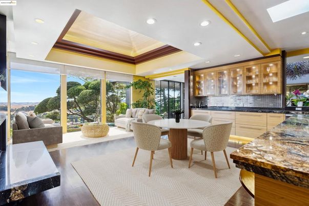 Dining room, Interior, Living room, Recessed Lighting, Wood Texture Flooring